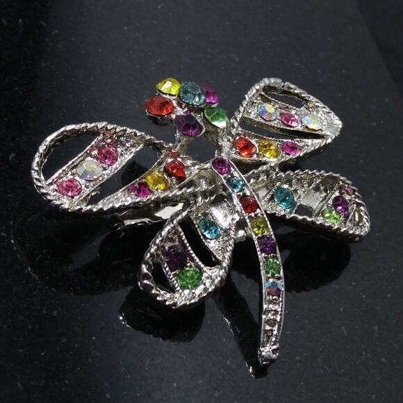 Dragonfly & Flower Brooch, Multicolored Rhinestones, Silver Tone, 1 3/4 Inches - Picture 9 of 9